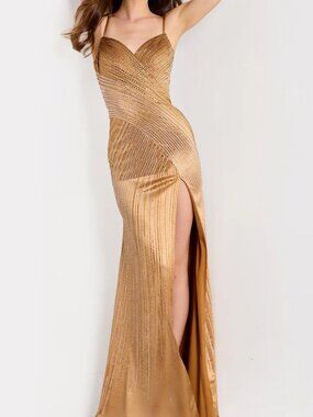 NWT Jovani 48326 Metallic Jersey Prom Sweetheart Dress Gold Size 10